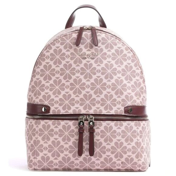 Kate Spade Large Backpack Flower Jacquard Beige Coated Canvas Leather Pockets - Picture 11 of 11